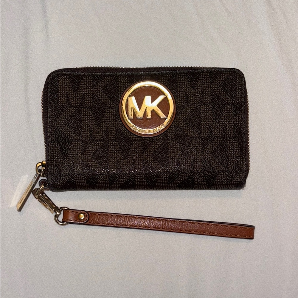 Michael Kors Brown Logo Zip Wristlet with Gold MK Emblem